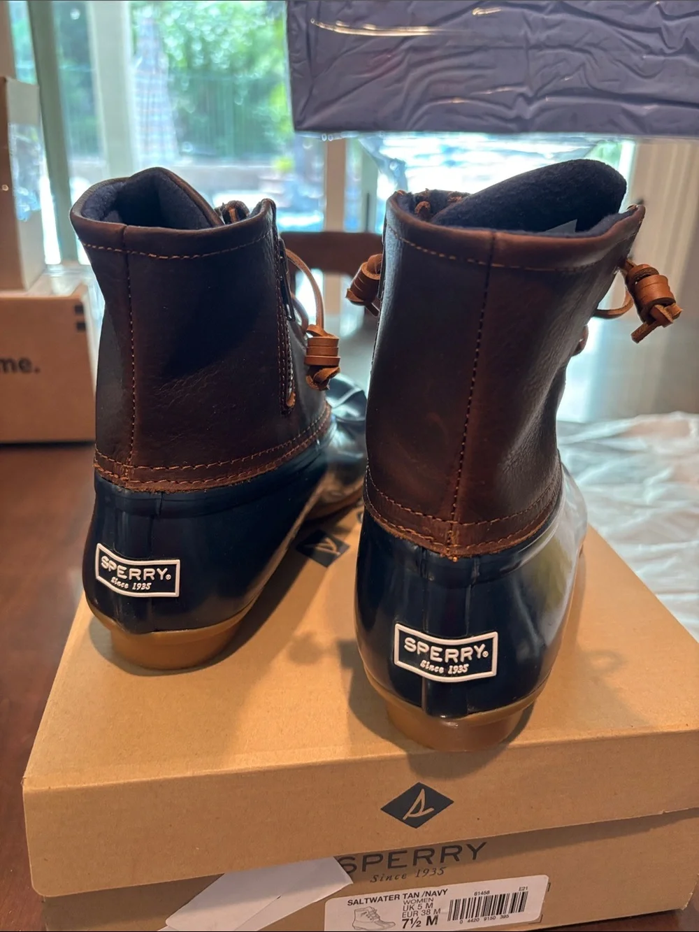 Sperry Saltwater Navy Blue and Brown Women's Winter Rain Duck Boots